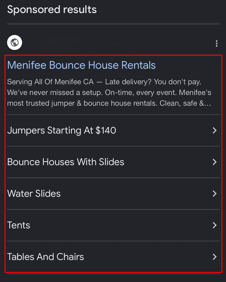 Example of a Google Ads search result for a party rental business