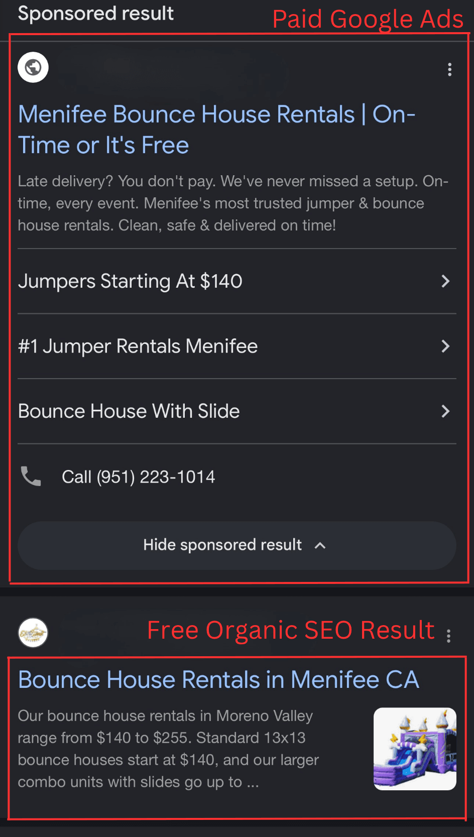 Example of a local SEO result for a party rental business